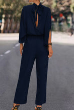 Load image into Gallery viewer, Tie Back Mock Neck Split Sleeve Jumpsuit