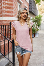 Load image into Gallery viewer, Eyelet Flutter Sleeve Scalloped V-Neck Top