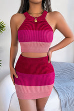 Cargar imagen en el visor de la galería, Color Block Sleeveless Crop Knit Top and Skirt Set