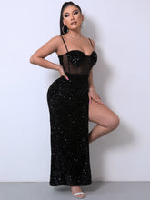 Load image into Gallery viewer, Sequin Spliced Mesh Adjustable Strap Dress