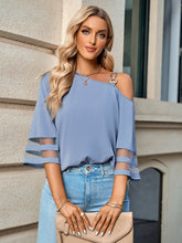 Load image into Gallery viewer, Asymmetrical Neck Sheer Striped Flare Sleeve Blouse