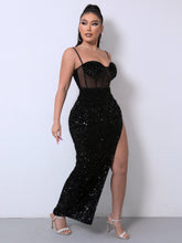 Load image into Gallery viewer, Sequin Spliced Mesh Adjustable Strap Dress