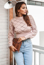 Cargar imagen en el visor de la galería, Openwork Plaid Round Neck Cropped Sweater