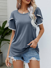 Load image into Gallery viewer, Pom-Pom Trim Flutter Sleeve Round Neck Tee