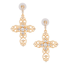Load image into Gallery viewer, Gold Filigree Cross Earrings