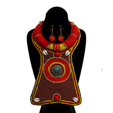 Cargar imagen en el visor de la galería, Brown Yellow and Red Bead Collar Long Bib Necklace Set with Cowrie Shell Detail