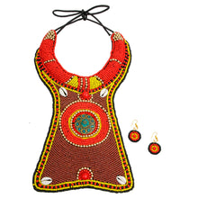 Cargar imagen en el visor de la galería, Brown Yellow and Red Bead Collar Long Bib Necklace Set with Cowrie Shell Detail