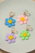 Load image into Gallery viewer, Huggie hoop dangling flower smiley face earrings
