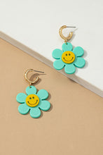 Load image into Gallery viewer, Huggie hoop dangling flower smiley face earrings
