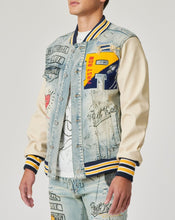 Load image into Gallery viewer, Hand Drawing Leather Sleeves Denim Varsity Jacket
