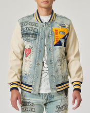 Load image into Gallery viewer, Hand Drawing Leather Sleeves Denim Varsity Jacket
