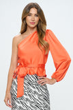Stretch Satin One Shoulder Formal Top with Tie