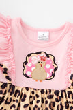 Pink turkey applique ruffle leopard dress
