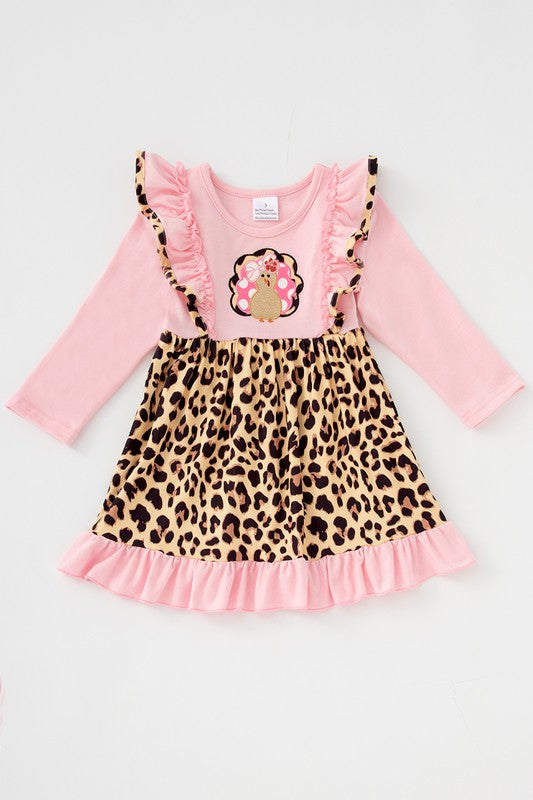 Pink turkey applique ruffle leopard dress