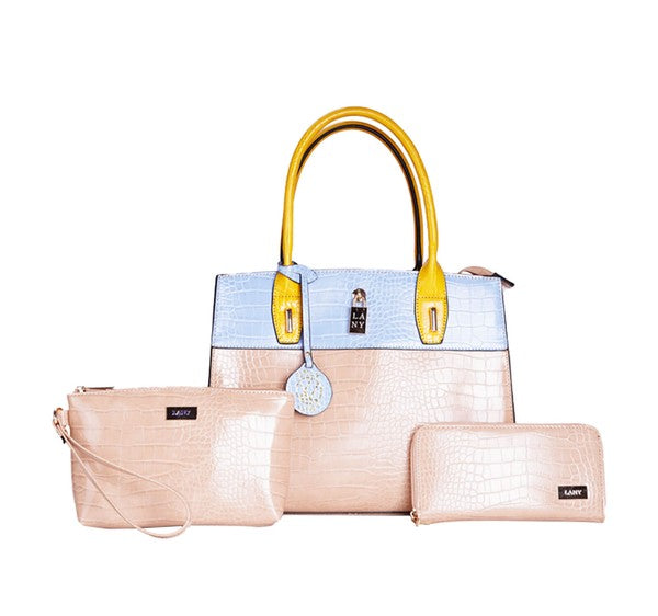 LANY COLOR BLOCK FAUX REPTILE TOTE SET
