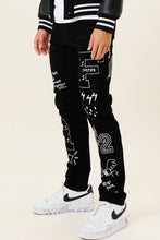 Load image into Gallery viewer, MULTI PATCH  SLIM FIT BLACK DENIM PANTS
