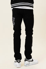 Load image into Gallery viewer, MULTI PATCH  SLIM FIT BLACK DENIM PANTS
