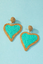 Load image into Gallery viewer, Raffia straw two tone heart drop earrings
