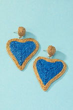 Load image into Gallery viewer, Raffia straw two tone heart drop earrings
