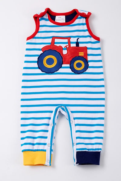 Blue stripe tractor applique boy romper