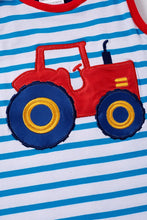 Cargar imagen en el visor de la galería, Blue stripe tractor applique boy romper
