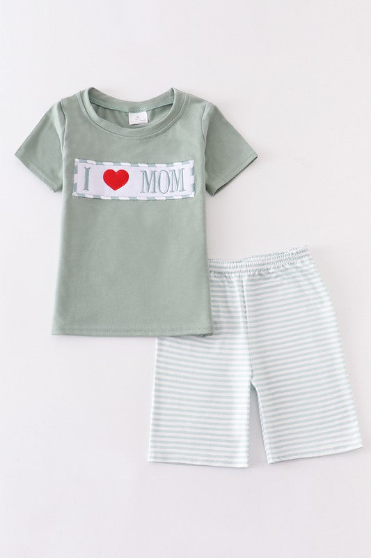 Green I love mom embroidery boy set