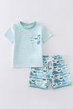 Blue stripe whale print boy set