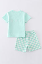 Load image into Gallery viewer, Green flamingo embroidery plaid boy short set
