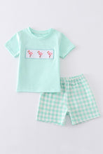 Load image into Gallery viewer, Green flamingo embroidery plaid boy short set
