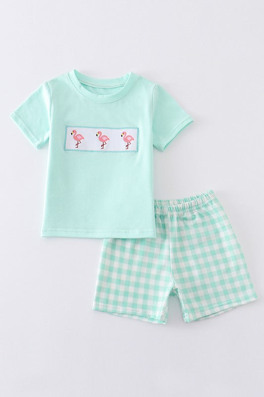 Green flamingo embroidery plaid boy short set