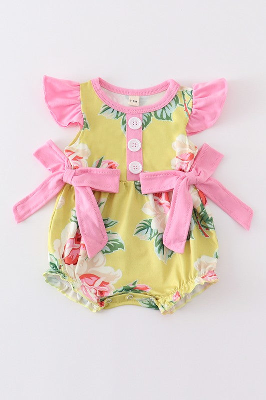 Mustard floral print ruffle girl romper