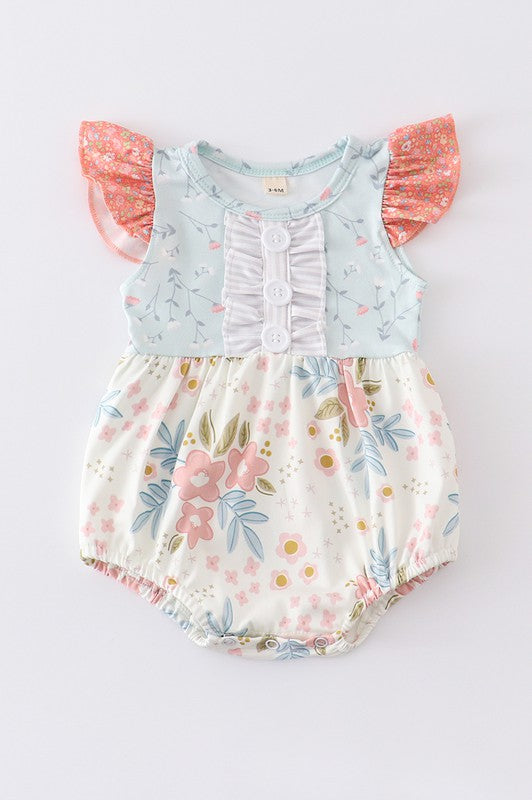 Floral print ruffle buttons girl baby bubble