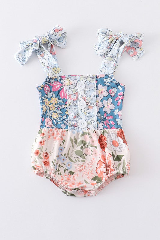 Navy floral print ruffle buttons girl bubble