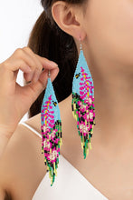 Load image into Gallery viewer, Blue and fuchsia flower seed bead drop earrings
