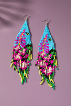 Load image into Gallery viewer, Blue and fuchsia flower seed bead drop earrings
