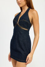 Load image into Gallery viewer, HALTER NECK MINI DENIM DRESS WITH CUT OUT
