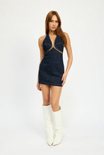 Load image into Gallery viewer, HALTER NECK MINI DENIM DRESS WITH CUT OUT
