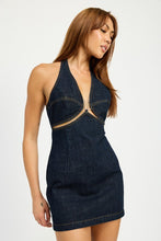 Load image into Gallery viewer, HALTER NECK MINI DENIM DRESS WITH CUT OUT
