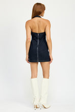 Load image into Gallery viewer, HALTER NECK MINI DENIM DRESS WITH CUT OUT
