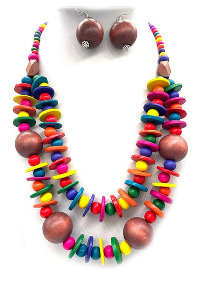 Mix Wooden Beads Statement Necklace Set
