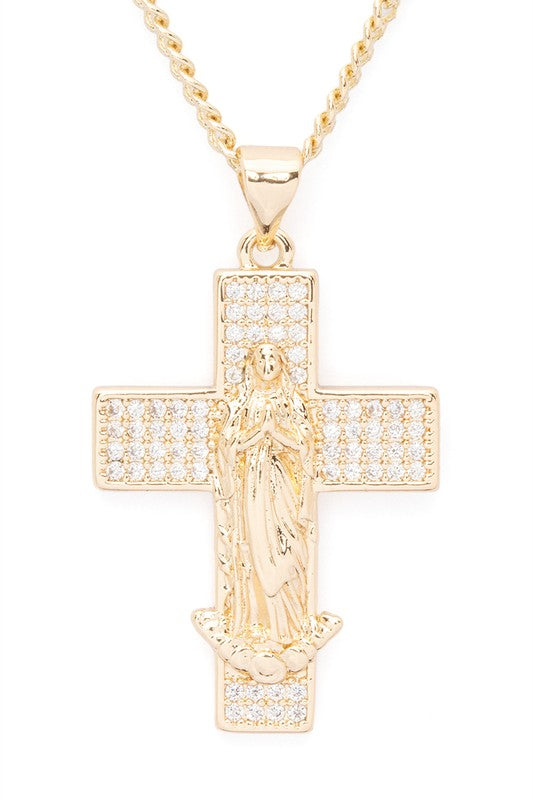 CZ St Mary Cross Pendant Necklace