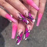 Press On Nails Long Length Fake Nails Butterfly Heart & Rhinestone False Glue On Coffin Ballet French Nails Static Nails For Women Girls