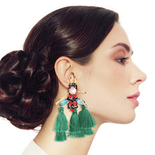 Load image into Gallery viewer, Rhinestone and Tassel Green Bee Earrings
