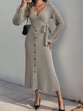 Load image into Gallery viewer, Perfee Ribbed Tied Surplice Long Sleeve Dress
