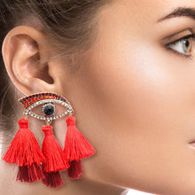 Load image into Gallery viewer, Red Evil Eye Tassel Earrings
