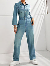 Load image into Gallery viewer, Half Button Long Sleeve Straight Leg Denim Jumpsuit
