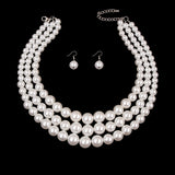 White Pearl 3-Strand Rhodium-Plated Necklace Set