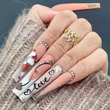 Press On Nails Long Length Fake Nails Butterfly Heart & Rhinestone False Glue On Coffin Ballet French Nails Static Nails For Women Girls