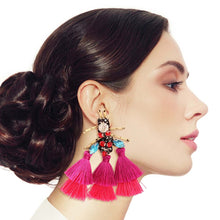 Load image into Gallery viewer, Rhinestone and Tassel Fuchsia Bee Earrings

