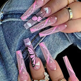 Press On Nails Long Length Fake Nails Butterfly Heart & Rhinestone False Glue On Coffin Ballet French Nails Static Nails For Women Girls